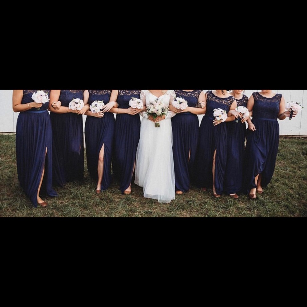 David’s Bridal long bridesmaids dress lace top